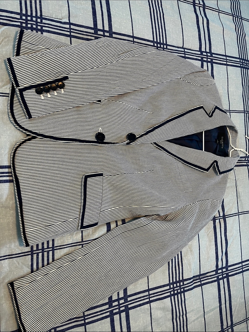 Talbots Navy and White Striped Blazer with Contrast Trim